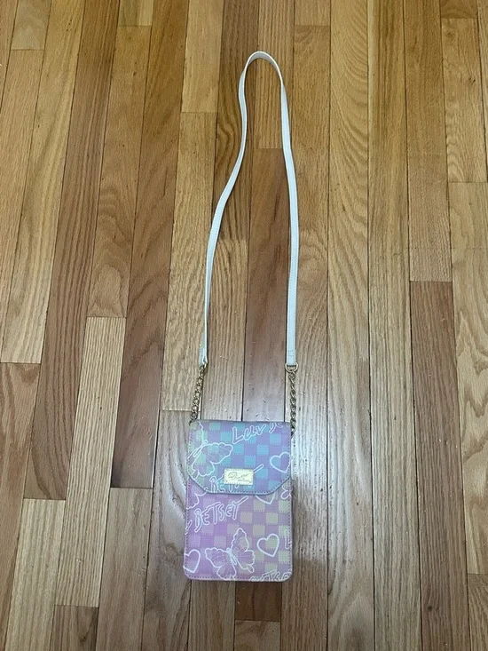 NWOT Betsey Johnson Pastel Pink Lavender Checker Butterfly Crossbody Pouch - Picture 4 of 9